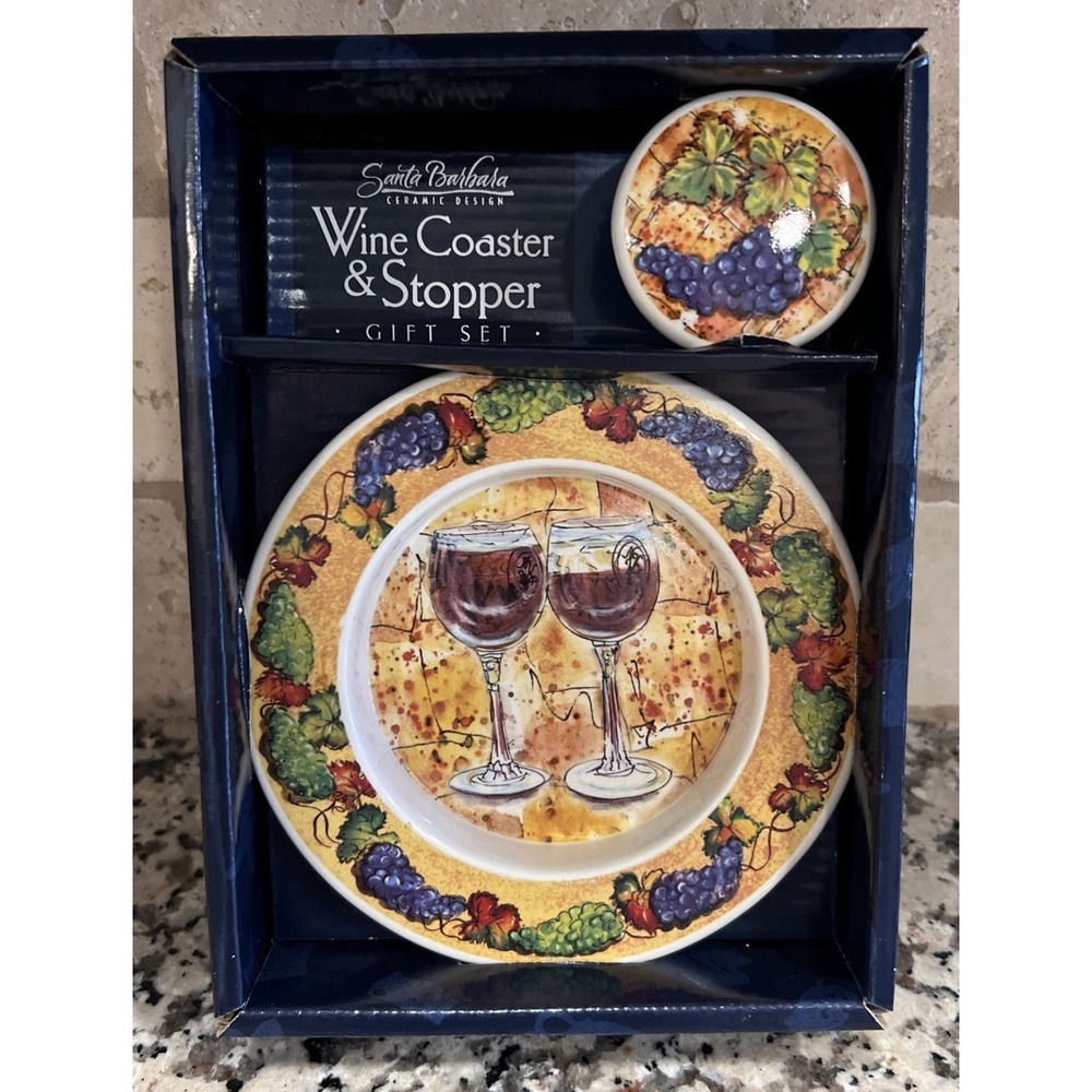 New Wine Coaster & Stopper Gift Set Santa Barbara Ceramic Design Grapes‎